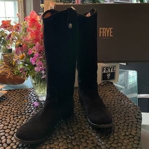 Frye Melissa Button Black Suede boots, size 10